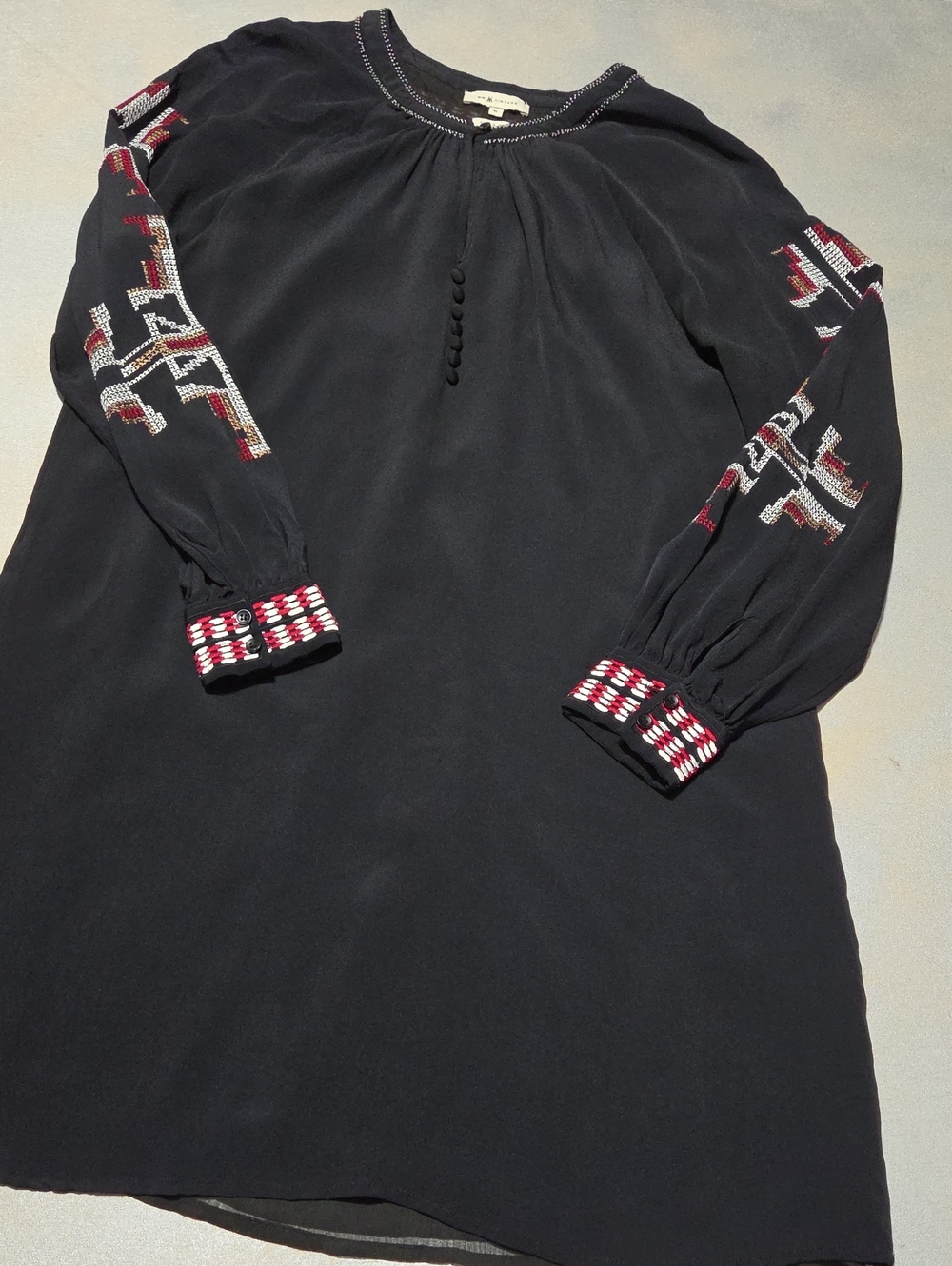 Vintage Black Long-Sleeve Dress with Red & White Embroidered Sleeves